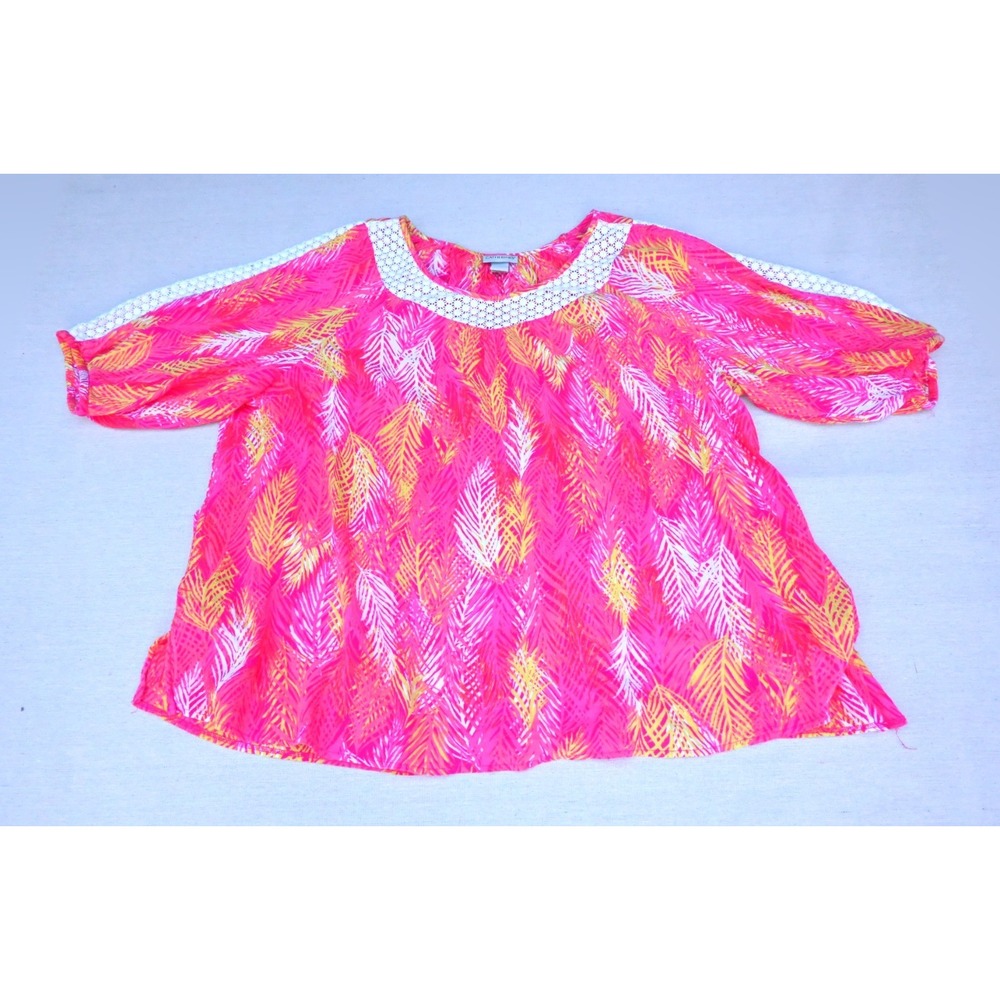 Catherines Womens 3X 100% Cotton Peasant Blouse Hot Pink Palm Print Lace Trim
